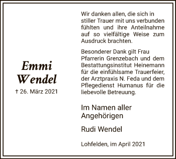 Todesanzeige von Emmi Wendel von HNA