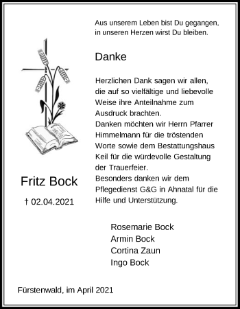 Todesanzeige von Fritz Bock von HNA