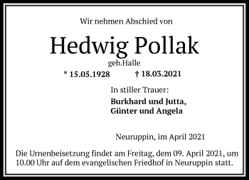 Todesanzeige von Hedwig Pollak von HNA