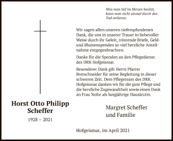 Todesanzeige von Horst Otto Philipp Scheffer von HNA