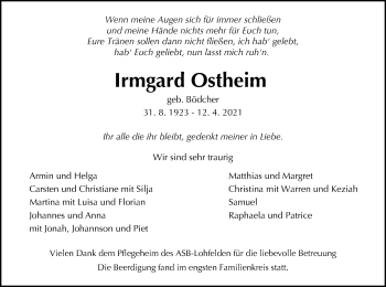 Todesanzeige von Irmgard Ostheim von HNA