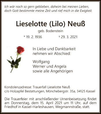 Todesanzeige von Lieselotte Neuß von HNA