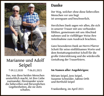 Todesanzeige von Marianne und Adolf Seipel von HNA