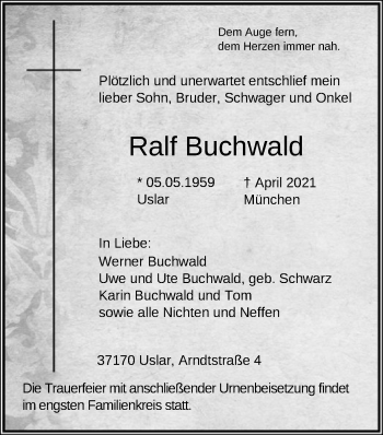 Todesanzeige von Ralf Buchwald von HNA
