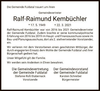 Todesanzeige von Ralf-Raimund Kembüchler von HNA