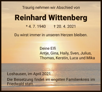 Todesanzeige von Reinhard Wittenberg von HNA