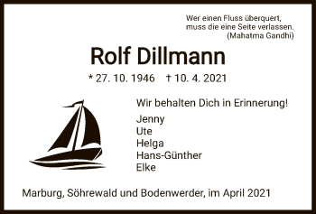 Todesanzeige von Rolf Dillmann von HNA