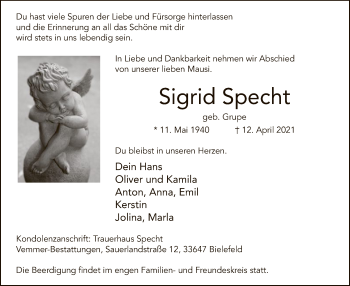 Todesanzeige von Sigrid Specht von HNA