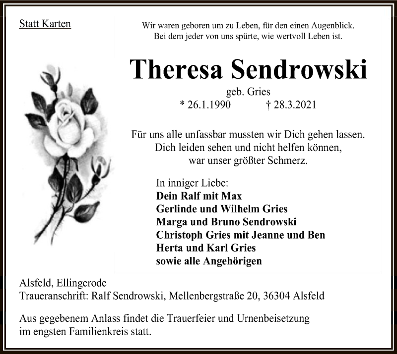  Traueranzeige für Theresa Sendrowski vom 03.04.2021 aus HNA
