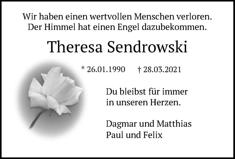  Traueranzeige für Theresa Sendrowski vom 03.04.2021 aus HNA