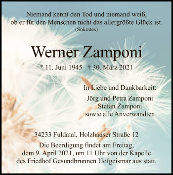 Todesanzeige von Werner Zamponi von HNA