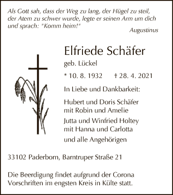 Todesanzeige von Elfriede Schäfer von WLZ