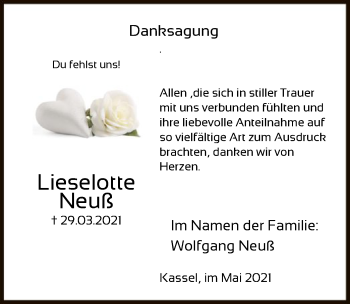 Todesanzeige von Lieselotte Neuß von HNA