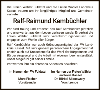 Todesanzeige von Ralf-Raimund Kembüchler von HNA