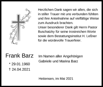 Todesanzeige von Frank Barz von HNA