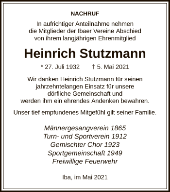 Todesanzeige von Heinrich Stutzmann von HNA