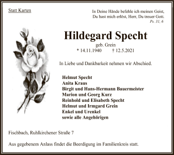 Todesanzeige von Hildegard Specht von HNA