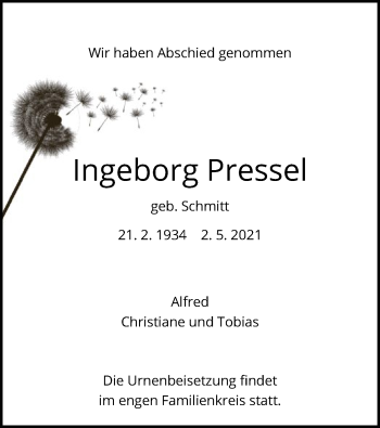 Todesanzeige von Ingeborg Pressel von HNA