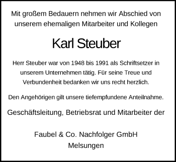 Todesanzeige von Karl Steuber von HNA