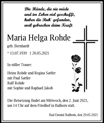 Todesanzeige von Maria Helga Rohde von HNA