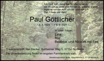 Todesanzeige von Paul Göttlicher von HNA