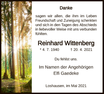 Todesanzeige von Reinhard Wittenberg von HNA