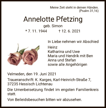 Todesanzeige von Annelotte Pfetzing von HNA