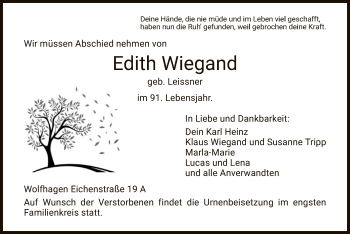 Todesanzeige von Edith Wiegand von HNA