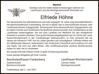 Todesanzeige von Elfriede Höhne von HNA