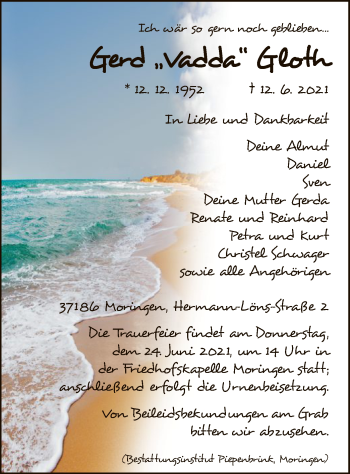 Todesanzeige von Gerd Gloth von HNA