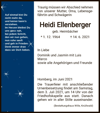 Todesanzeige von Heidi Ellenberger von HNA