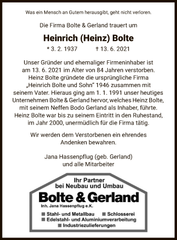 Todesanzeige von Heinrich Bolte von HNA