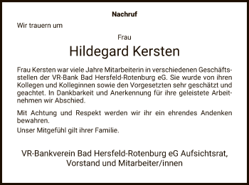 Todesanzeige von Hildegard Kersten von HNA