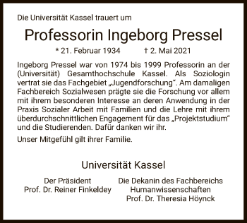 Todesanzeige von Ingeborg Pressel von HNA