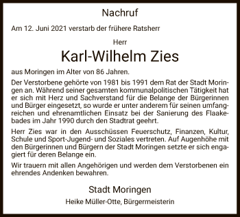 Todesanzeige von Karl-Wilhelm Zies von HNA