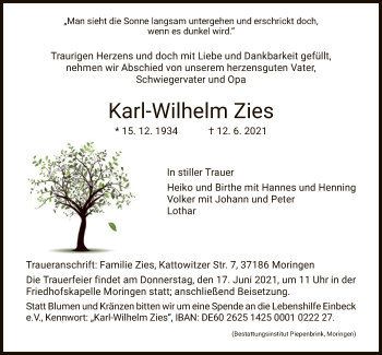 Todesanzeige von Karl-Wilhelm Zies von HNA