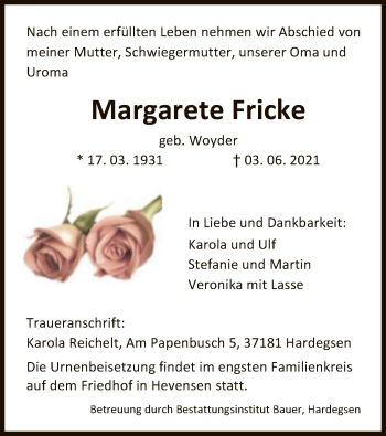 Todesanzeige von Margarete Fricke von HNA