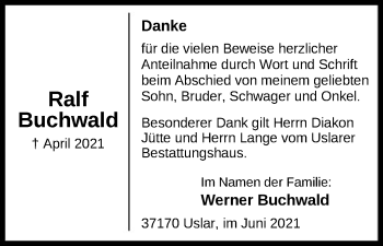 Todesanzeige von Ralf Buchwald von HNA