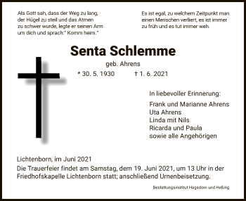 Todesanzeige von Senta Schlemme von HNA