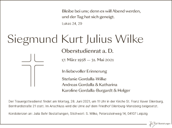 Todesanzeige von Siegmund Kurt Julius Wilke von HNA
