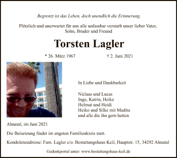 Todesanzeige von Torsten Lagler von HNA