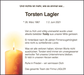 Todesanzeige von Torsten Lagler von HNA
