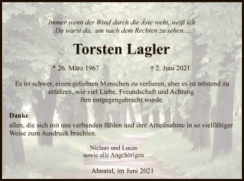 Todesanzeige von Torsten Lagler von HNA