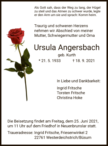 Todesanzeige von Ursula Angersbach von HNA