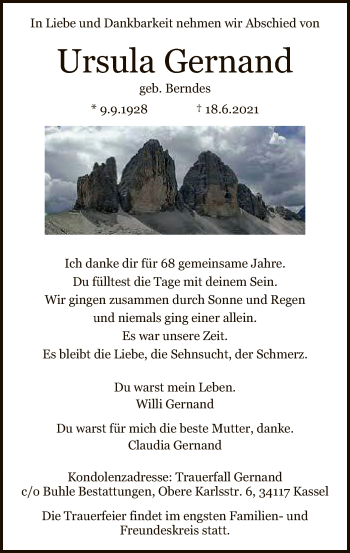 Todesanzeige von Ursula Gernand von HNA