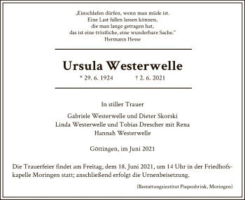Todesanzeige von Ursula Westerwelle von HNA