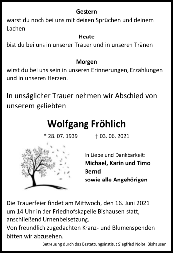 Todesanzeige von Wolfgang Fröhlich von HNA