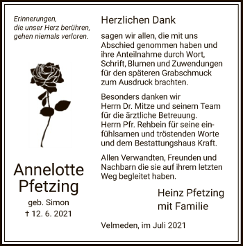 Todesanzeige von Annelotte Pfetzing von HNA