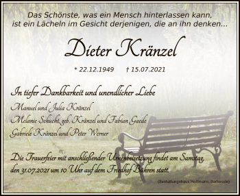 Todesanzeige von Dieter Kränzel von HNA