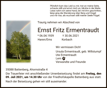 Todesanzeige von Ernst Fritz Ermentraudt von HNA